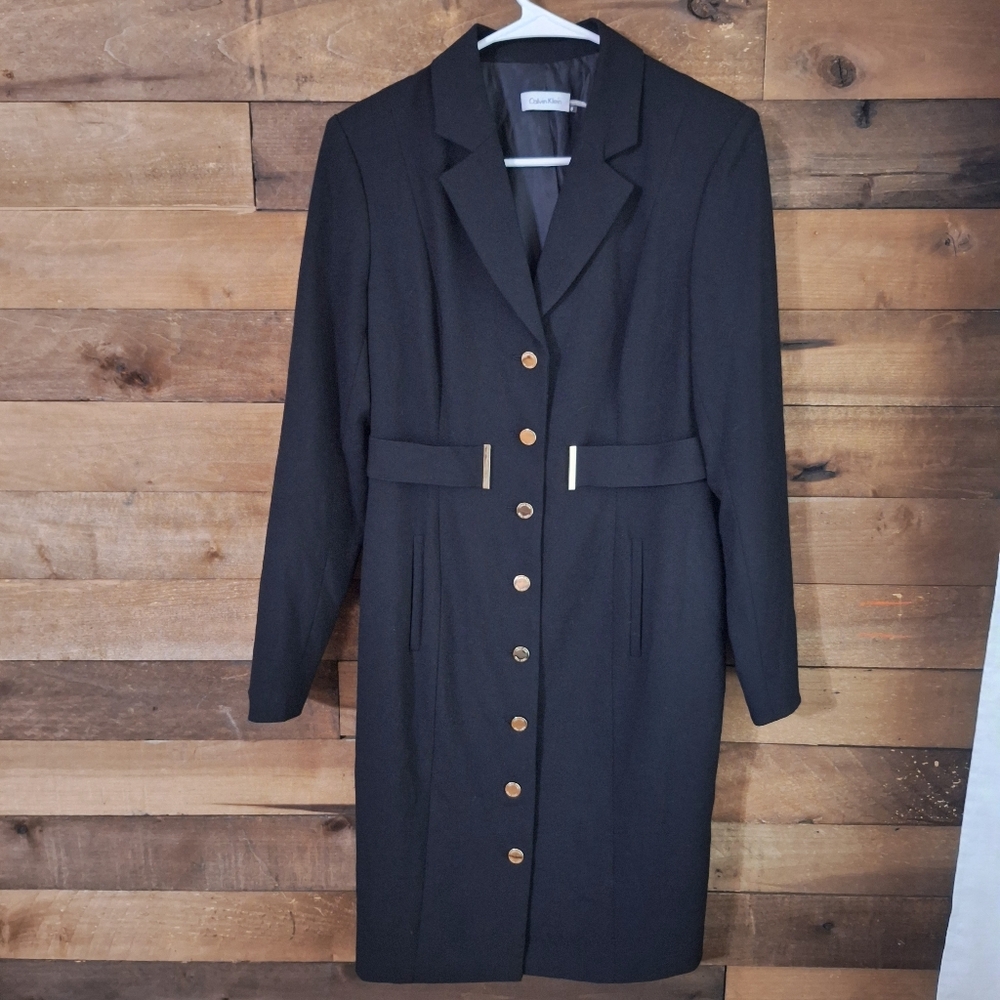 Calvin Klein Black Long Blazer Coat Dress SZ 8 gold button detail EUC like New